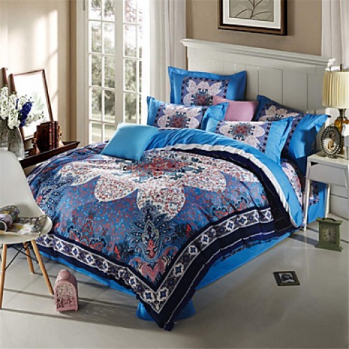 Luxury Bedding Set Blue Retro Design Quilt Cover No Fading Quality Bed Sheet Queen Size 4pcs Bedspread